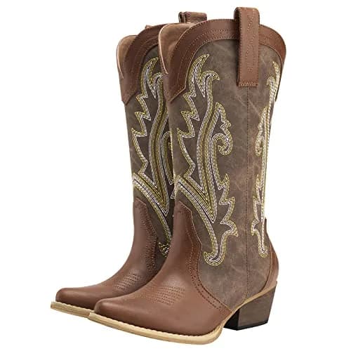 HISEA Rollda Women's Western Cowgirl Boots Mid Calf with 2" Block Heel, Mosaic Brown (US 8 / 25.4 cm) thumbnail 1