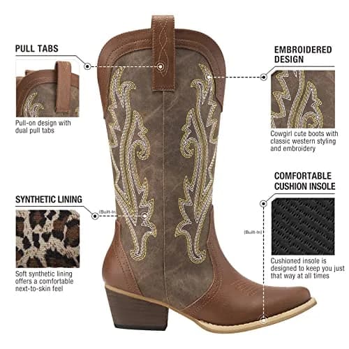 HISEA Rollda Women's Western Cowgirl Boots Mid Calf with 2" Block Heel, Mosaic Brown (US 8 / 25.4 cm) thumbnail 5