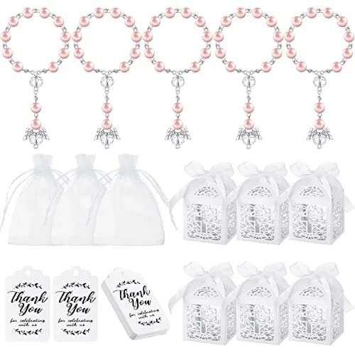 MTLEE Pink Baptism Rosary Set for Guests, First Communion Favors, 100 Pcs | Catholic Holy Communion Party Decor thumbnail 1