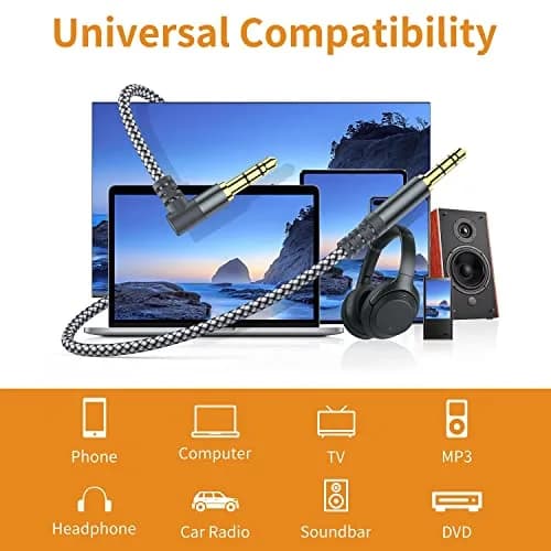 MCSPER 2 Pack 3.3ft (1m) Right Angle Aux Cable | Tangle-Free Nylon Braided 3.5mm Stereo Audio Cable for Car, Speakers, Headphones thumbnail 3