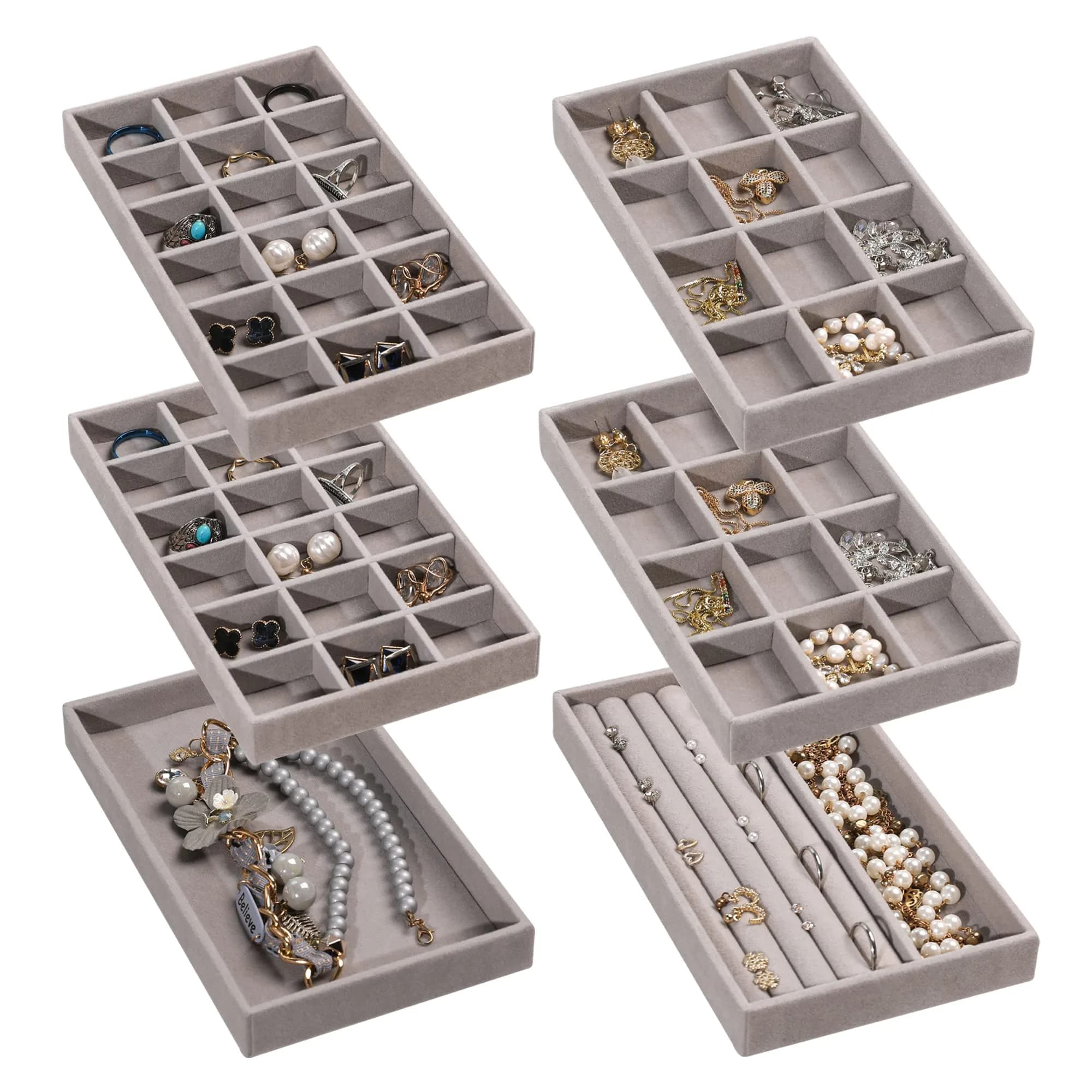 Frebeauty Jewelry Trays for Drawer | Set of 6 Velvet Organizer & Storage