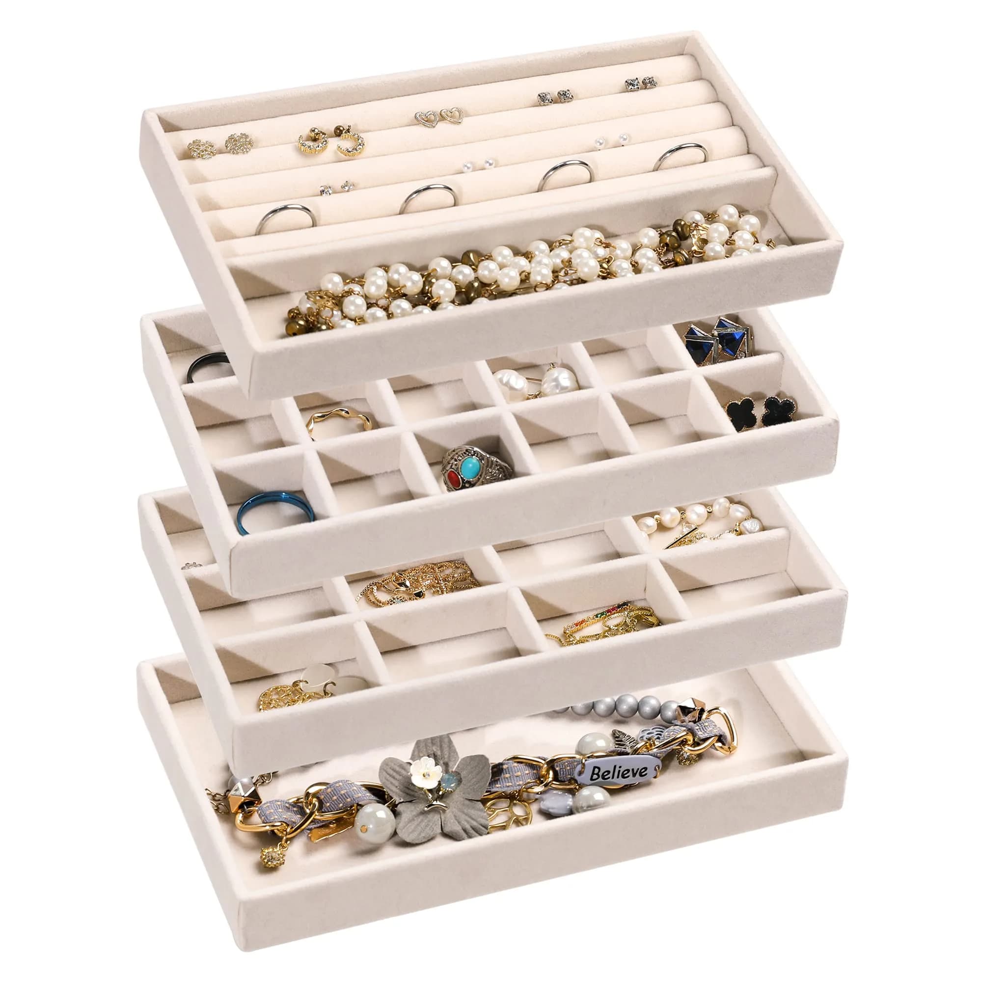 Frebeauty Jewelry Trays for Drawer | Set of 4 Velvet Organizer for Earrings, Rings & Necklaces