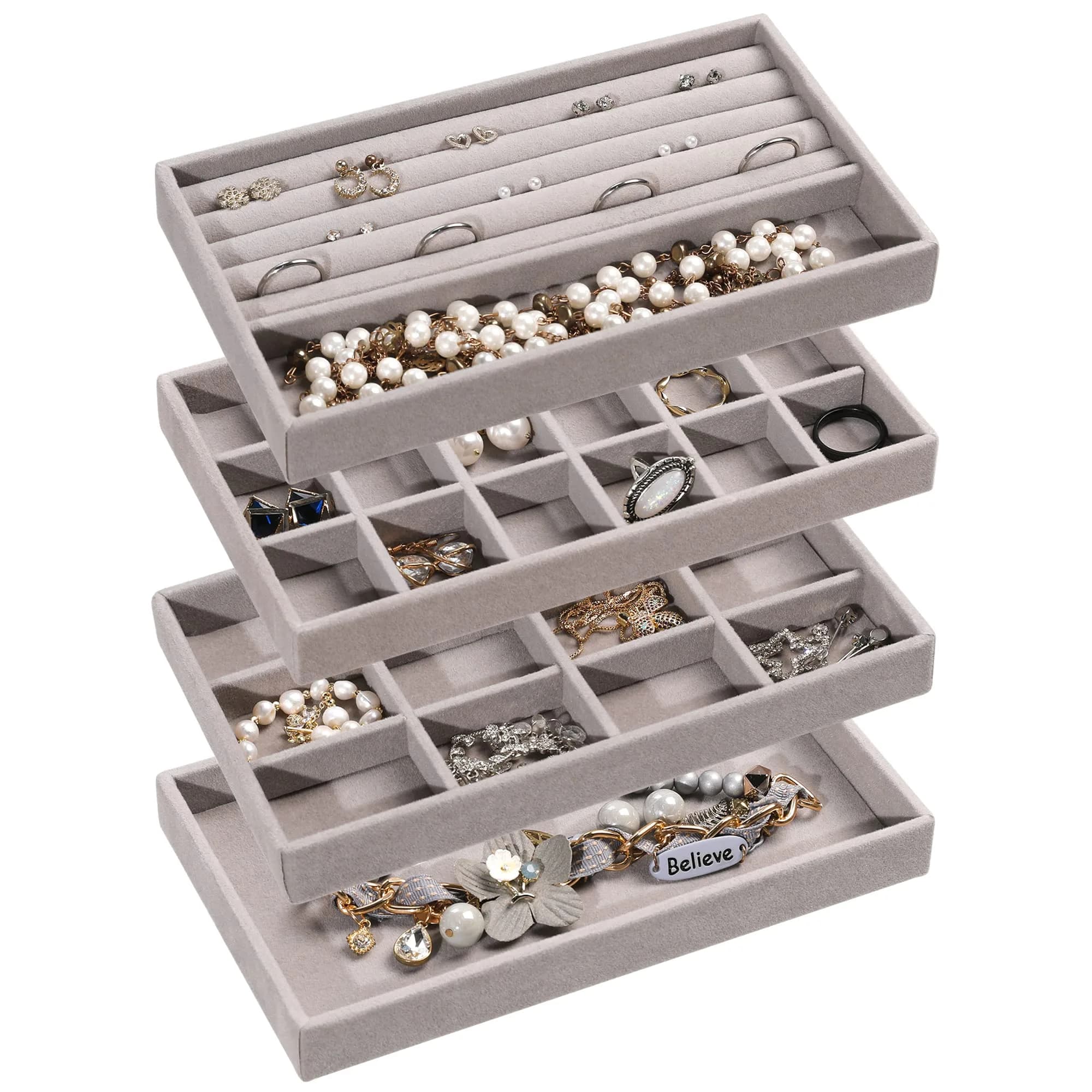 Frebeauty Jewelry Trays for Drawer | Set of 4 Velvet Organizer for Earrings, Rings & Necklaces, 8.3×4.75 inch