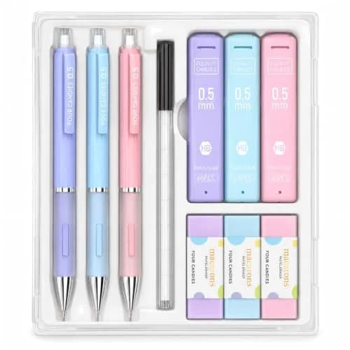 Four Candies 0.5mm Pastel Mechanical Pencil Set with Case, 3-Pack | Precision Writing for Students & Professionals thumbnail 1