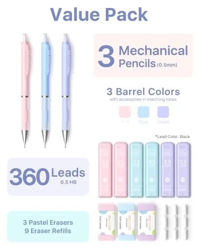 Four Candies 0.5mm Pastel Mechanical Pencil Set with Case, 3-Pack | Precision Writing for Students & Professionals thumbnail 7
