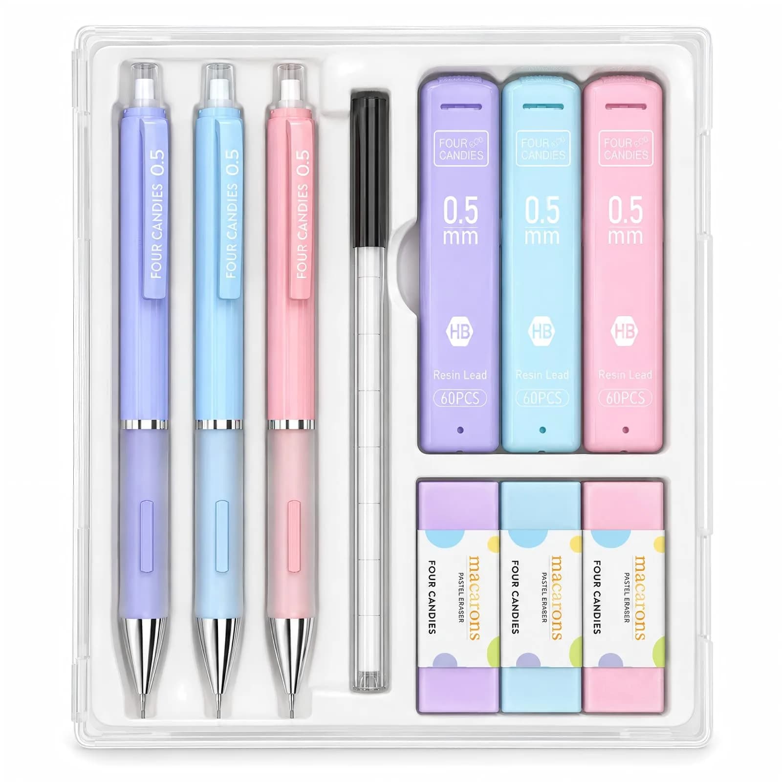 Four Candies Pastel Mechanical Pencil Set 0.7mm | Bulk Pack with 360 Leads & Erasers — 0.5mm