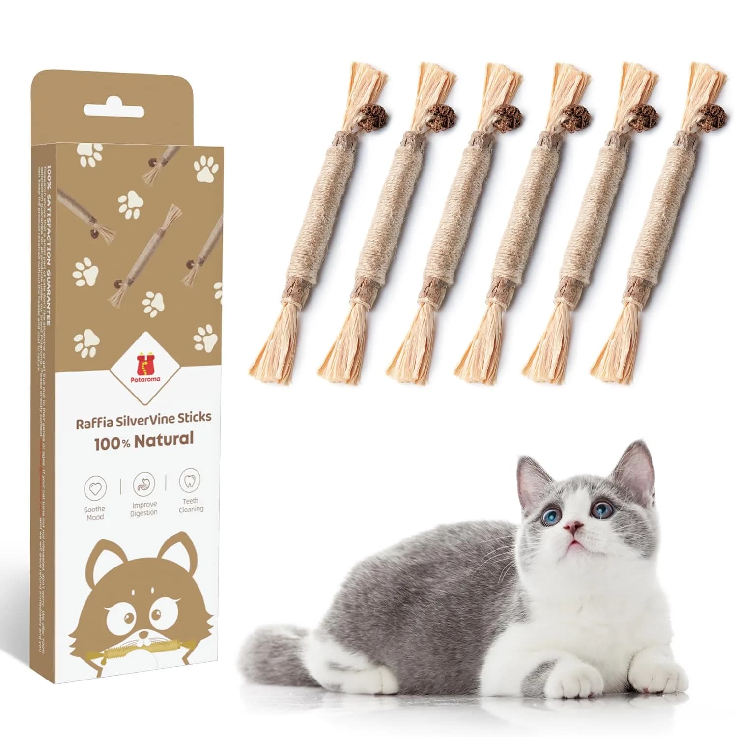 Potaroma Natural Silvervine Sticks Cat Toys 3 Pack | Catnip Blend Chew Toys for Dental Care — 6 Sticks