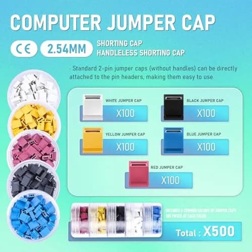 CQRobot 500 Pieces Standard Computer Jumper Caps Header Pin Shunt 2.54mm (0.1 Inch) | 5 Colors, 100 Each thumbnail 2