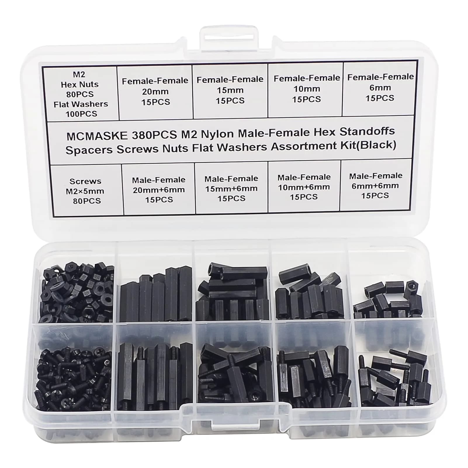 MCMASKE M2 Black Nylon Hex Standoff Spacer Kit 380PCS | For PCB, Arduino, Raspberry Pi Projects - main product image
