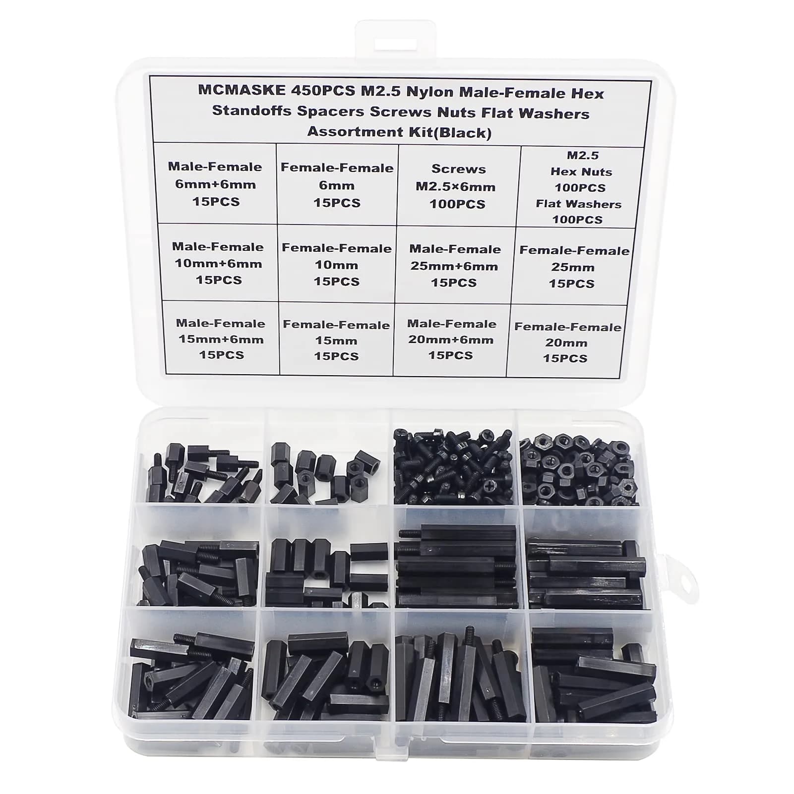 MCMASKE M2 Black Nylon Hex Standoff Spacer Kit 380PCS | For PCB, Arduino, Raspberry Pi Projects — Black
