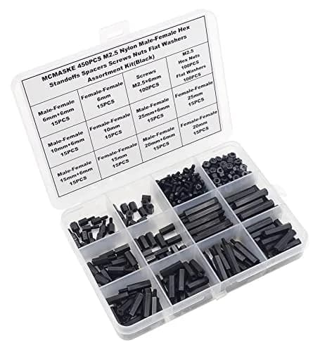 MCMASKE M2.5 Black Nylon Hex Standoffs Screws Nuts Flat Washers Kit | 450PCS for PCB, Arduino, Raspberry Pi thumbnail 6