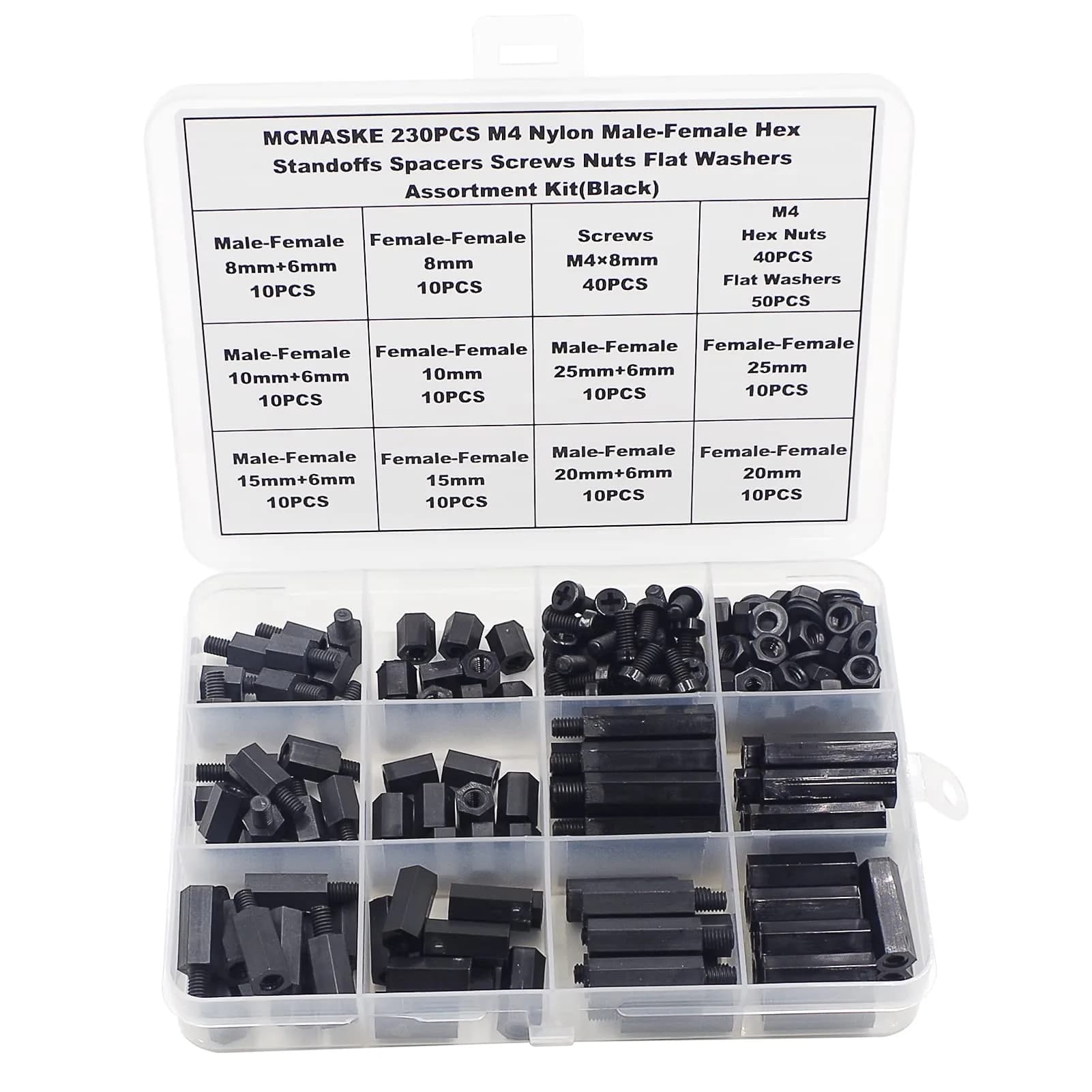 MCMASKE M2 Black Nylon Hex Standoff Spacer Kit 380PCS | For PCB, Arduino, Raspberry Pi Projects — M4