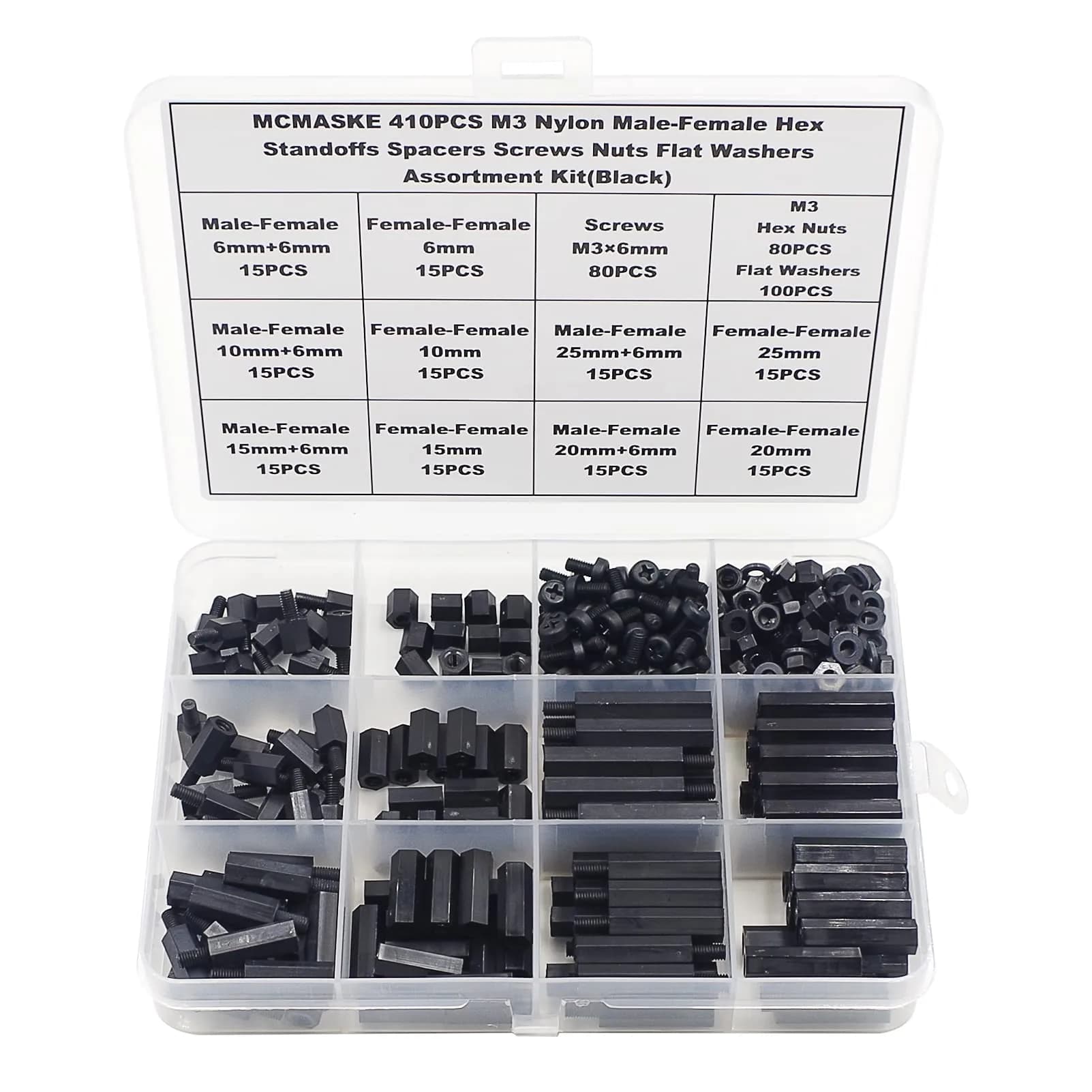 MCMASKE M2 Black Nylon Hex Standoff Spacer Kit 380PCS | For PCB, Arduino, Raspberry Pi Projects — M3