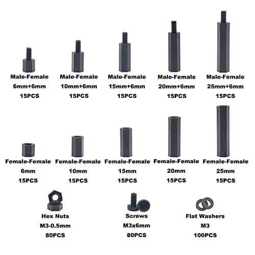 MCMASKE M3 Black Nylon Hex Standoff Spacer Kit 410PCS | Male-Female & Female-Female Assortment with Nuts & Screws thumbnail 2