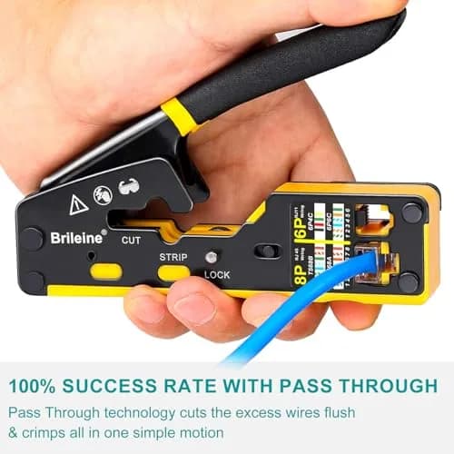 Brileine RJ45 Crimp Tool Pass Through Kit Ethernet Crimper Cat5 Cat5e Cat6 with Cable Tester & Connectors (Yellow, 13.5cm) thumbnail 5