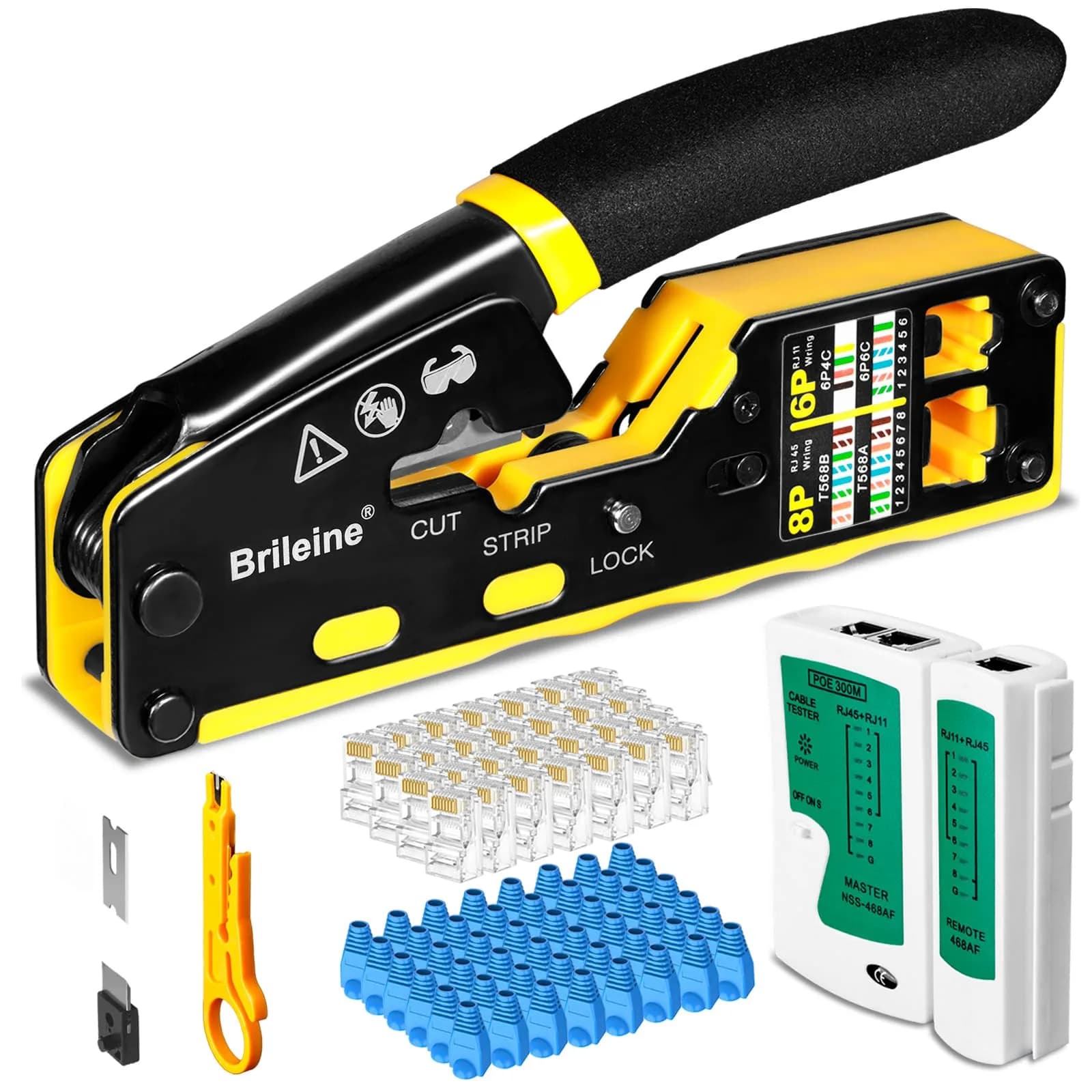 Brileine RJ45 Crimp Tool Pass Through Kit Ethernet Crimper Cat5 Cat5e Cat6 with Cable Tester & Connectors (Yellow, 13.5cm)