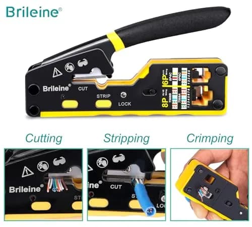 Brileine RJ45 Crimp Tool Pass Through Kit Ethernet Crimper Cat5 Cat5e Cat6 with Cable Tester & Connectors (Yellow, 13.5cm) thumbnail 2