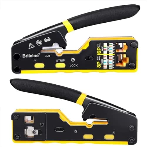 Brileine RJ45 Crimp Tool Pass Through Kit Ethernet Crimper Cat5 Cat5e Cat6 with Cable Tester & Connectors (Yellow, 13.5cm) thumbnail 4