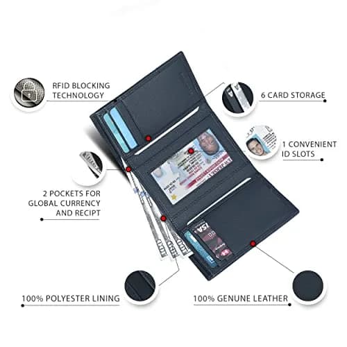Oak Leathers Classic Navy Leather Trifold Wallet with RFID Blocking & ID Window | 40g thumbnail 6