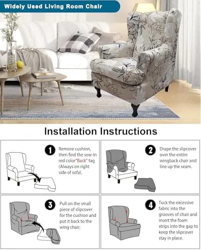 CRFATOP Wingback Chair Covers 2-Piece Set Floral Print Stretchable Armchair Slipcovers for Living Room thumbnail 6