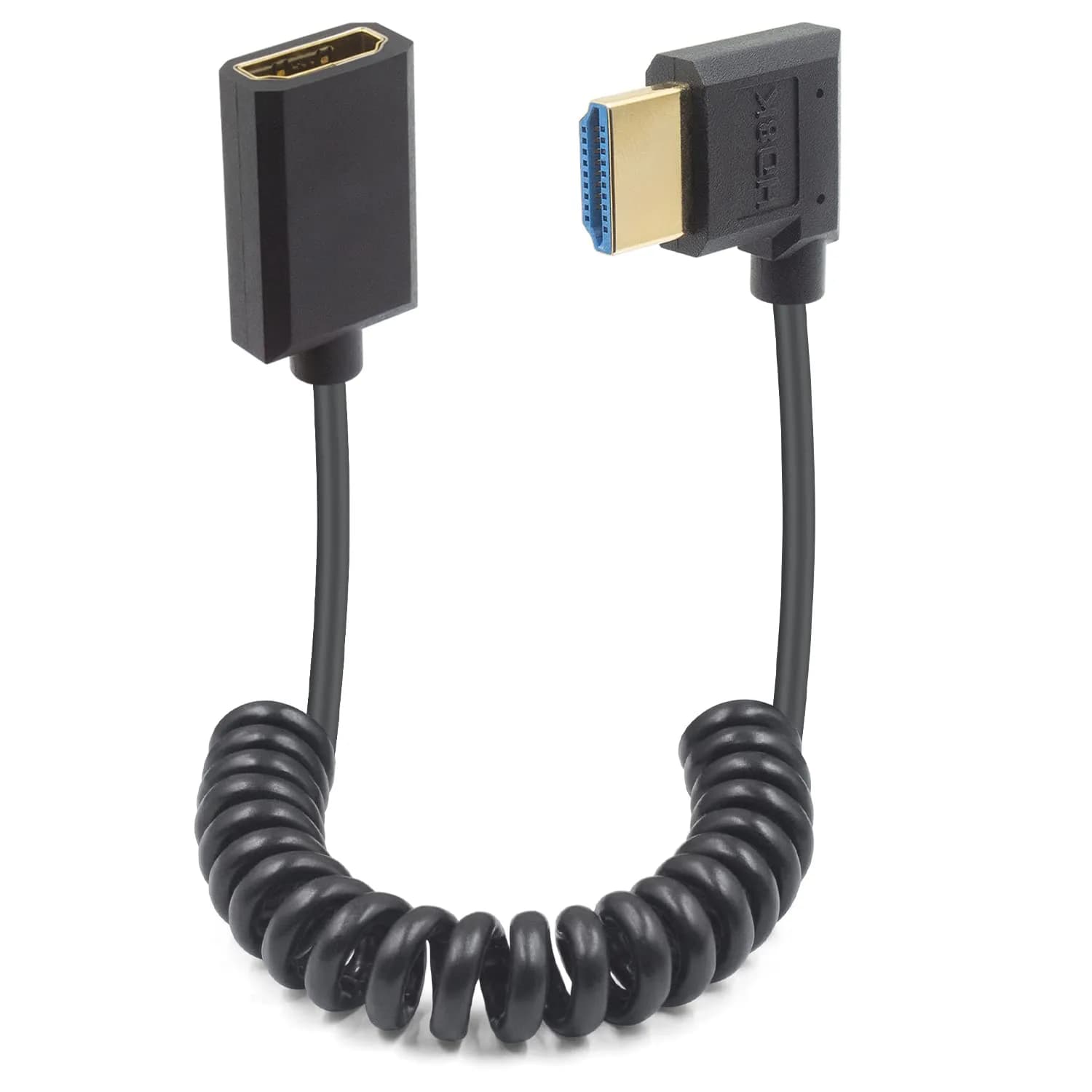Duttek 8K HDMI Coiled Cable 1.2m (4 ft) | Ultra Thin Retractable HDMI 2.1 Cable for PS5, Xbox Series X/S, RTX 4080, ATOMOS Ninja V — Right Angle HDMI Male to Female