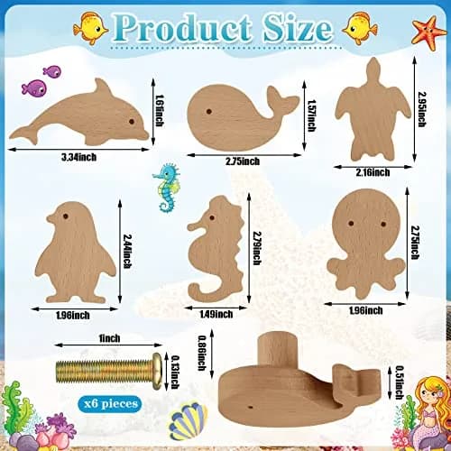 Qunclay Wooden Animal Dresser Knob Drawer Pull Sea Animal | Unfinished, 6 Sets for DIY Decor thumbnail 2