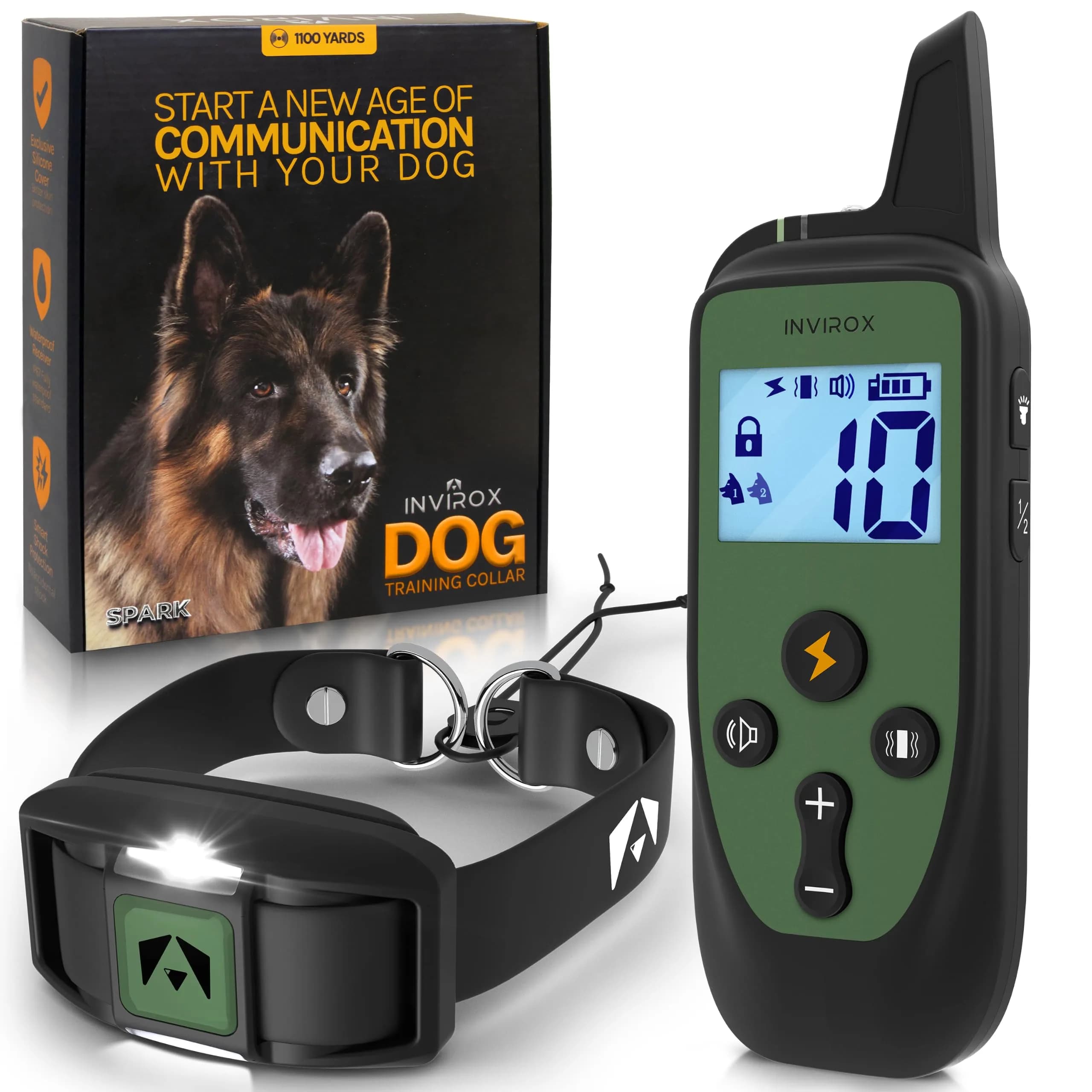 INVIROX Dog Training Collar with Remote, 123 Levels, 1100ft Range, IP67 Waterproof, Green Spark
