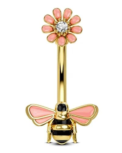 CM Crareesi Mania Belly Button Ring 14G Stainless Steel Bee & Flower Design | Cute Navel Piercing Jewelry with 10mm Diameter thumbnail 1