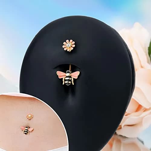 CM Crareesi Mania Belly Button Ring 14G Stainless Steel Bee & Flower Design | Cute Navel Piercing Jewelry with 10mm Diameter thumbnail 4
