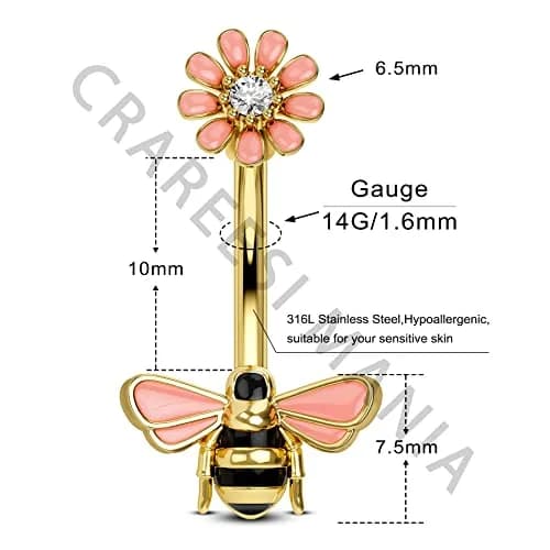CM Crareesi Mania Belly Button Ring 14G Stainless Steel Bee & Flower Design | Cute Navel Piercing Jewelry with 10mm Diameter thumbnail 3
