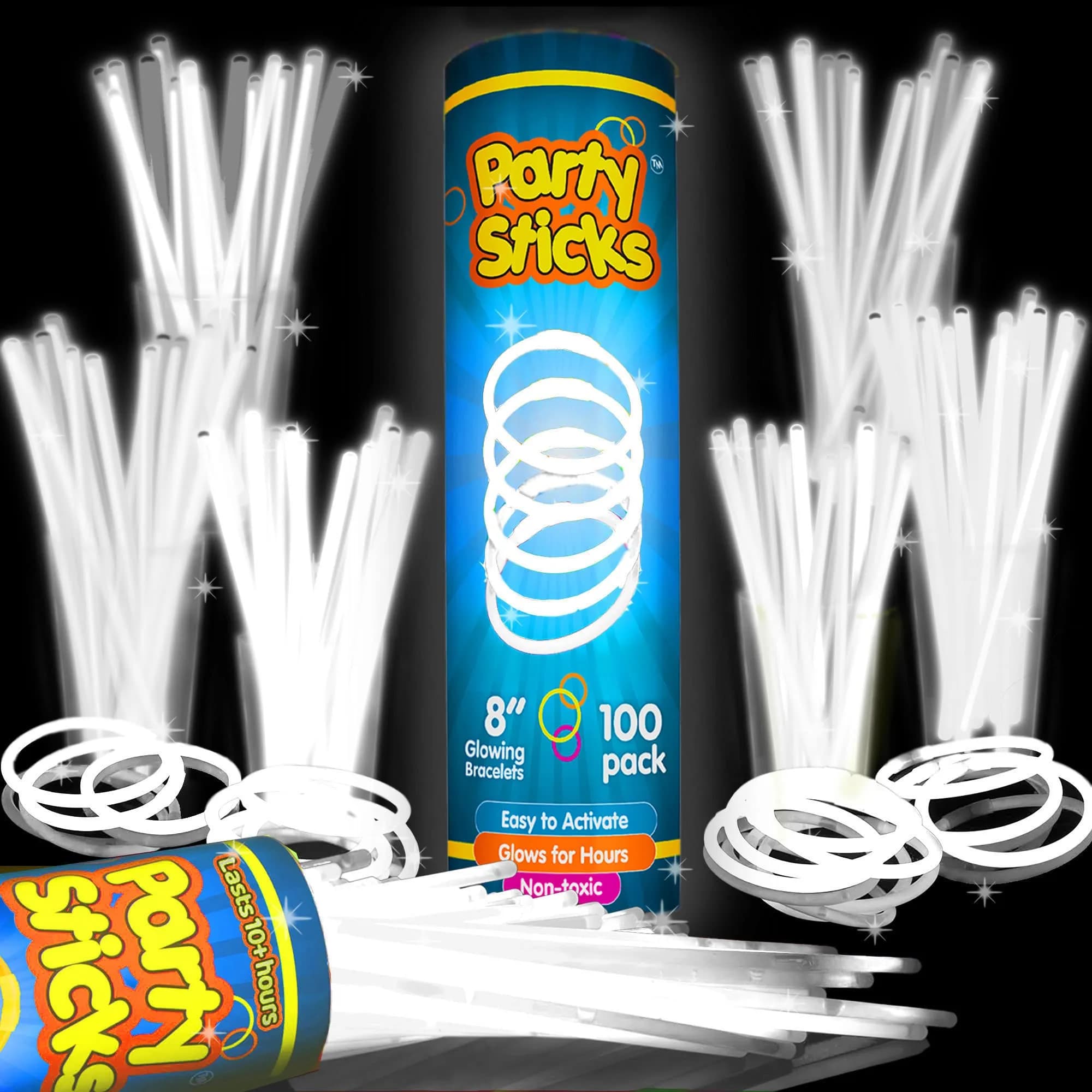 PartySticks White Glow Sticks 100-Pack | 10-14 Hour Glow, Waterproof, Kid-Safe