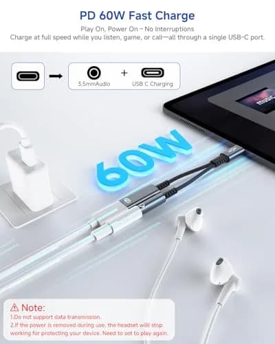 LERTOSEN USB C to 3.5mm Headphone & Charger Adapter | 60W PD Fast Charging, Hi-Res Audio, Compact Design (13cm) thumbnail 4
