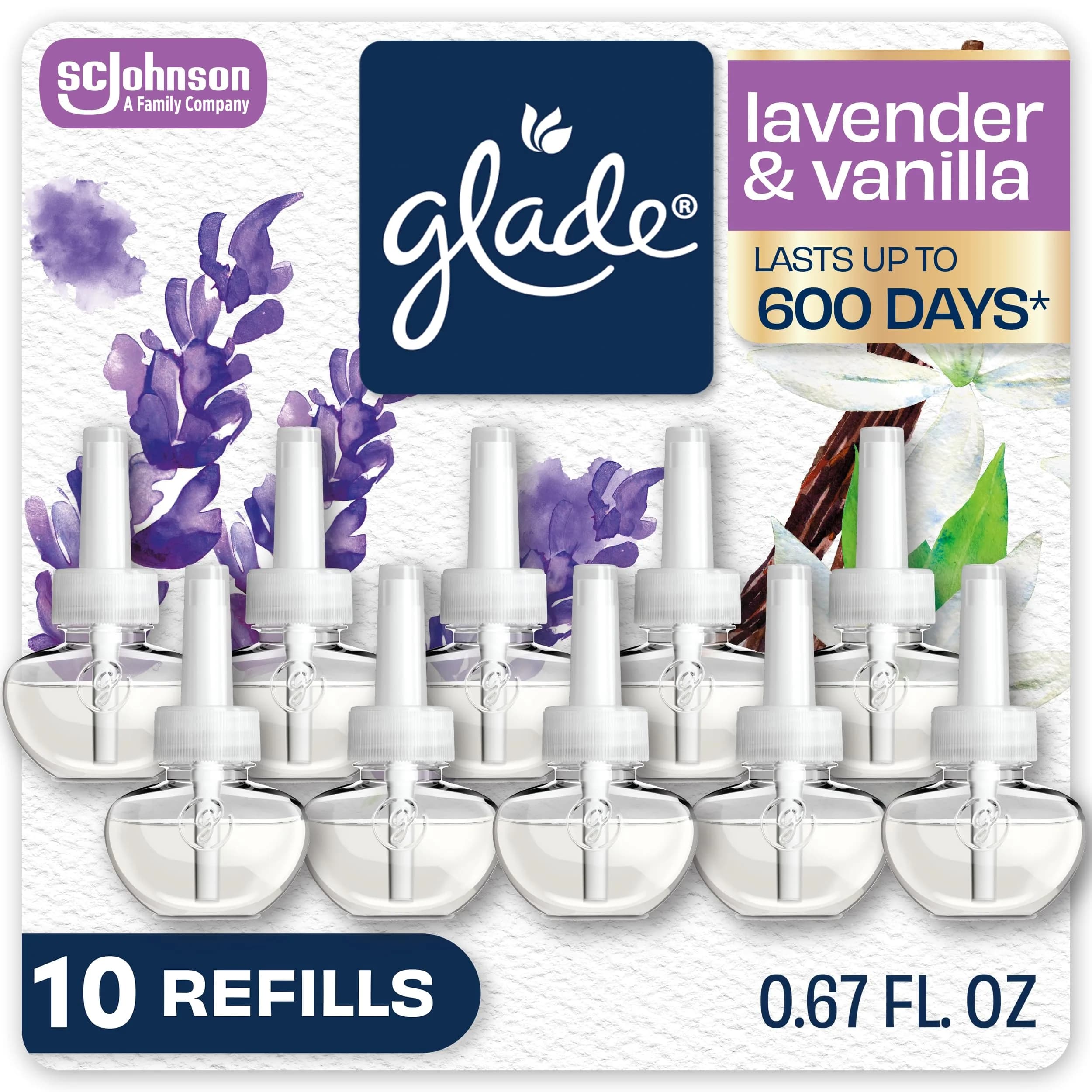 Glade PlugIns Refills Air Freshener Lavender & Vanilla 6.7 Fl Oz (200ml) | Scented with Essential Oils for Home & Bathroom