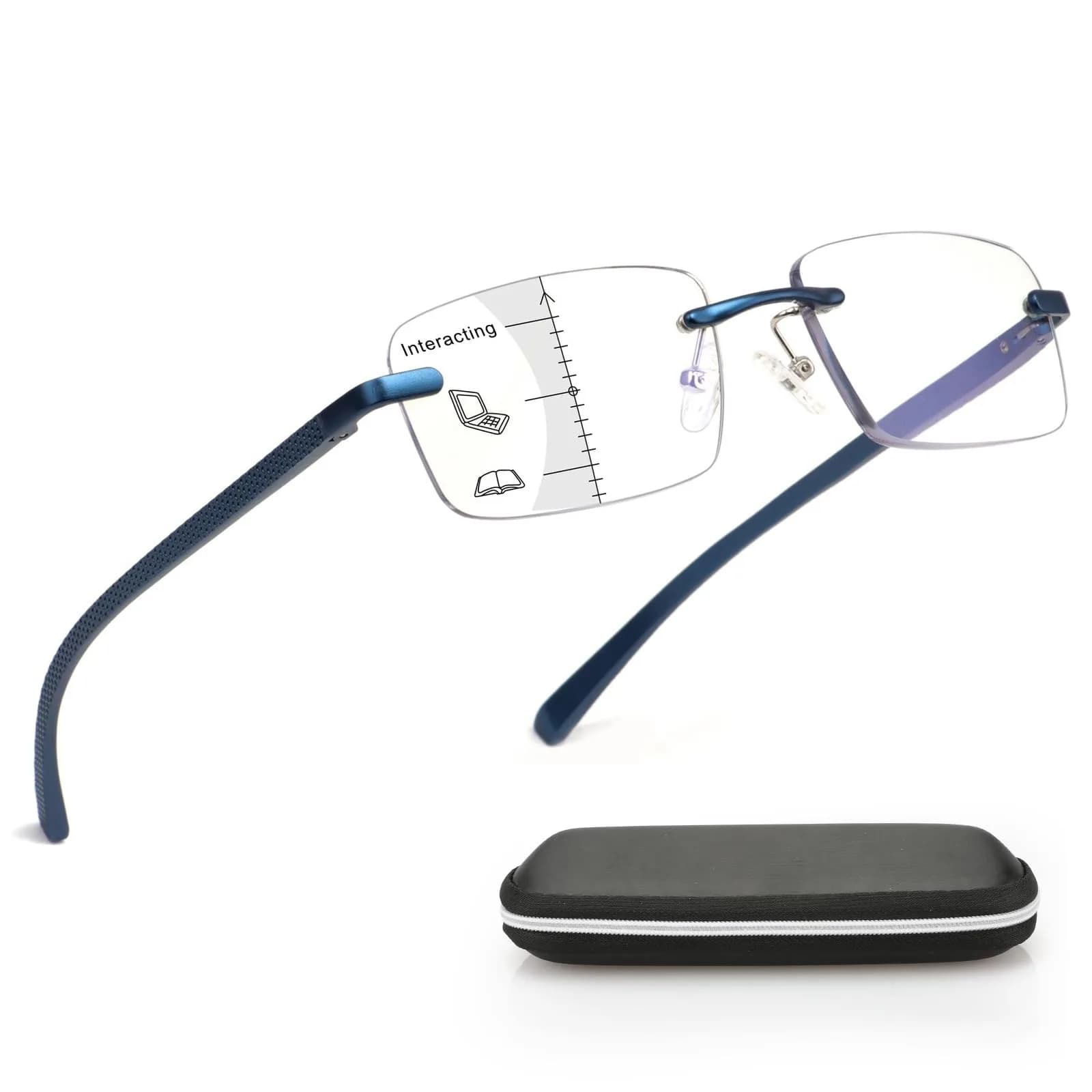 Missfive Premium Aluminum Progressive Multifocus Reading Glasses 147mm (5.75 in) | Blue Light Blocking, Rimless Metal Readers — Multifocal, Non-0 Top Lens / Dark Sapphire