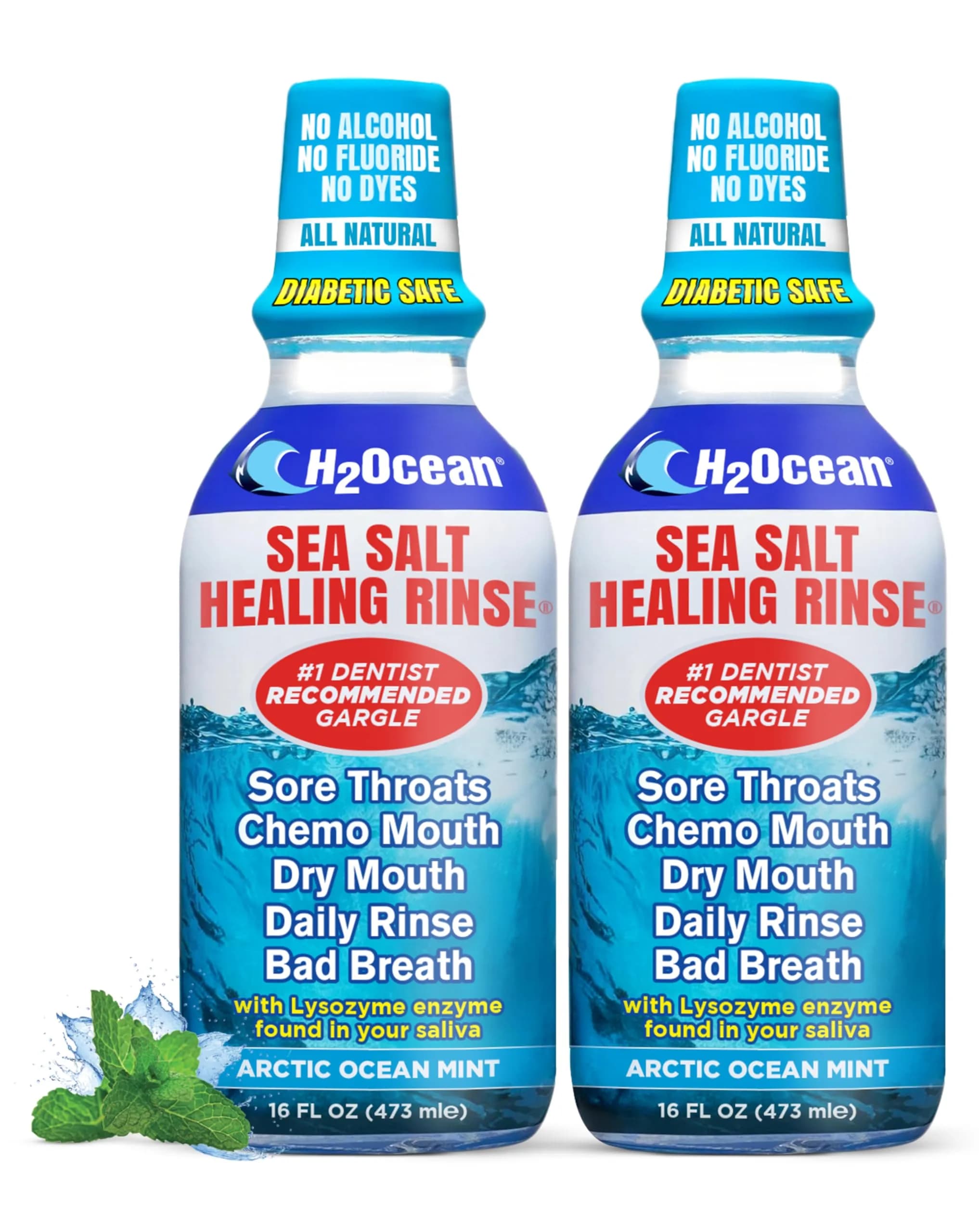H2Ocean Healing Rinse Natural Sea Salt Mouthwash Arctic Ocean Mint | Alcohol & Fluoride-Free Oral Care for Oral Piercings & Gums — Dye Free