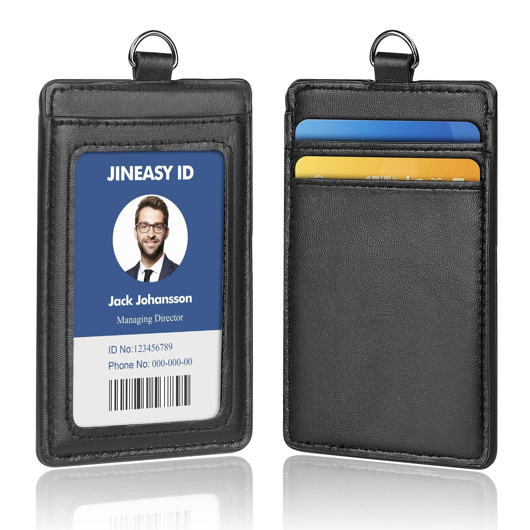 JINEASY ID Leather ID Badge Holder Vertical Lanyard ID Card Holder Black Badge Protector Case for Work Office Name Badges Keycard, Holds 3 ID Cards, 2 Pack - main product image