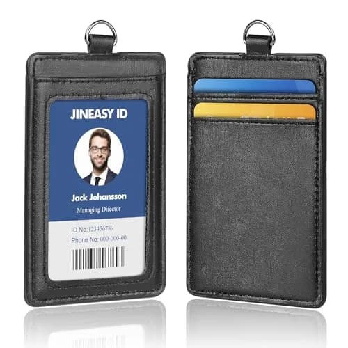 JINEASY ID Leather ID Badge Holder Vertical Lanyard ID Card Holder Black Badge Protector Case for Work Office Name Badges Keycard, Holds 3 ID Cards, 2 Pack thumbnail 1