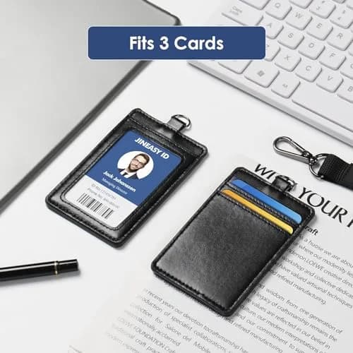 JINEASY ID Leather ID Badge Holder Vertical Lanyard ID Card Holder Black Badge Protector Case for Work Office Name Badges Keycard, Holds 3 ID Cards, 2 Pack thumbnail 3