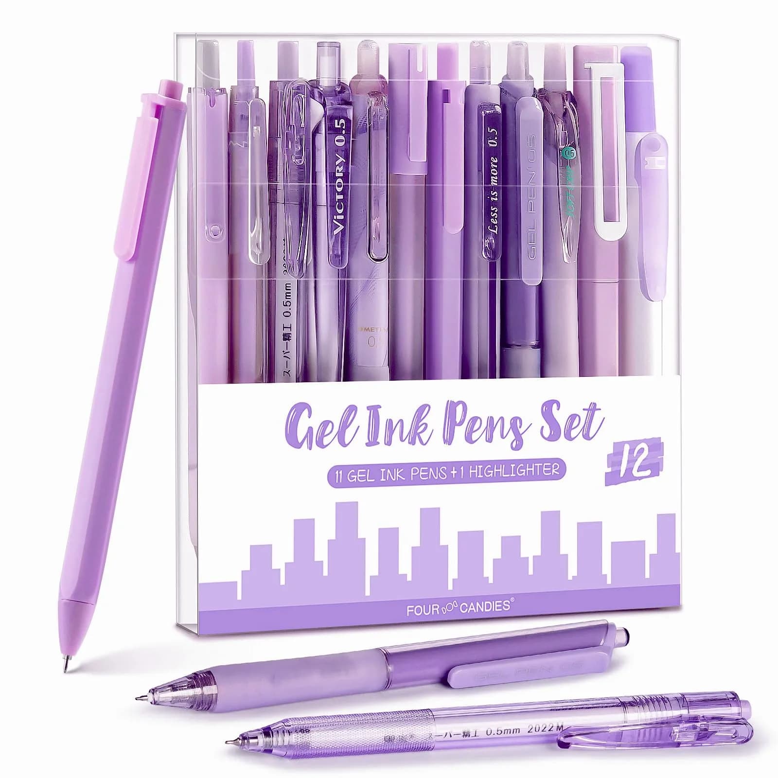 Four Candies Cute Blue Pens, Black Gel Ink, Ocean Series 12ct | Smooth Writing Instrument — Lavender | 10 Black, 2 Purple