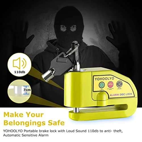 YOHOOLYO Motorcycle Alarm Disc Lock with 110dB Siren & 5ft Reminder Cable, Green | Forged Stainless Steel, Waterproof, Anti-Theft thumbnail 6