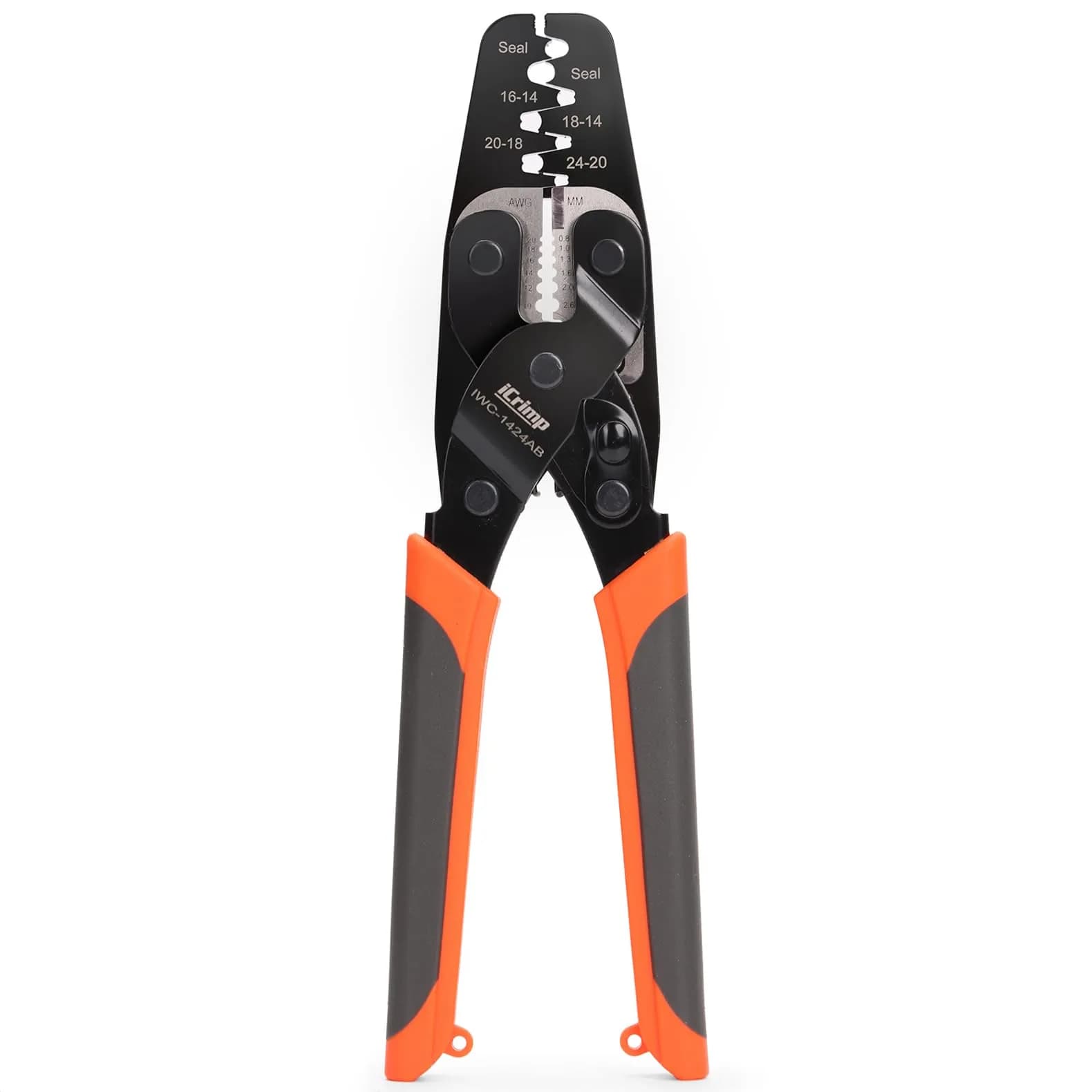 IWISS IWS-1424A Non Insulated Open Barrel Terminal Crimper AWG24-14 | Ergonomic Rubber Handle, 280g, Orange — Built-in Wire Stripper & Cutter