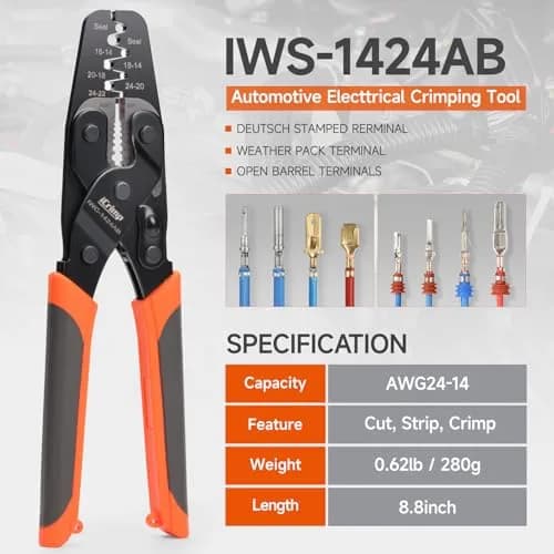 IWISS iCrimp IWC-1424AB Open Barrel & Weather Pack Terminal Crimper AWG24-14 | Built-in Wire Stripper & Cutter thumbnail 4
