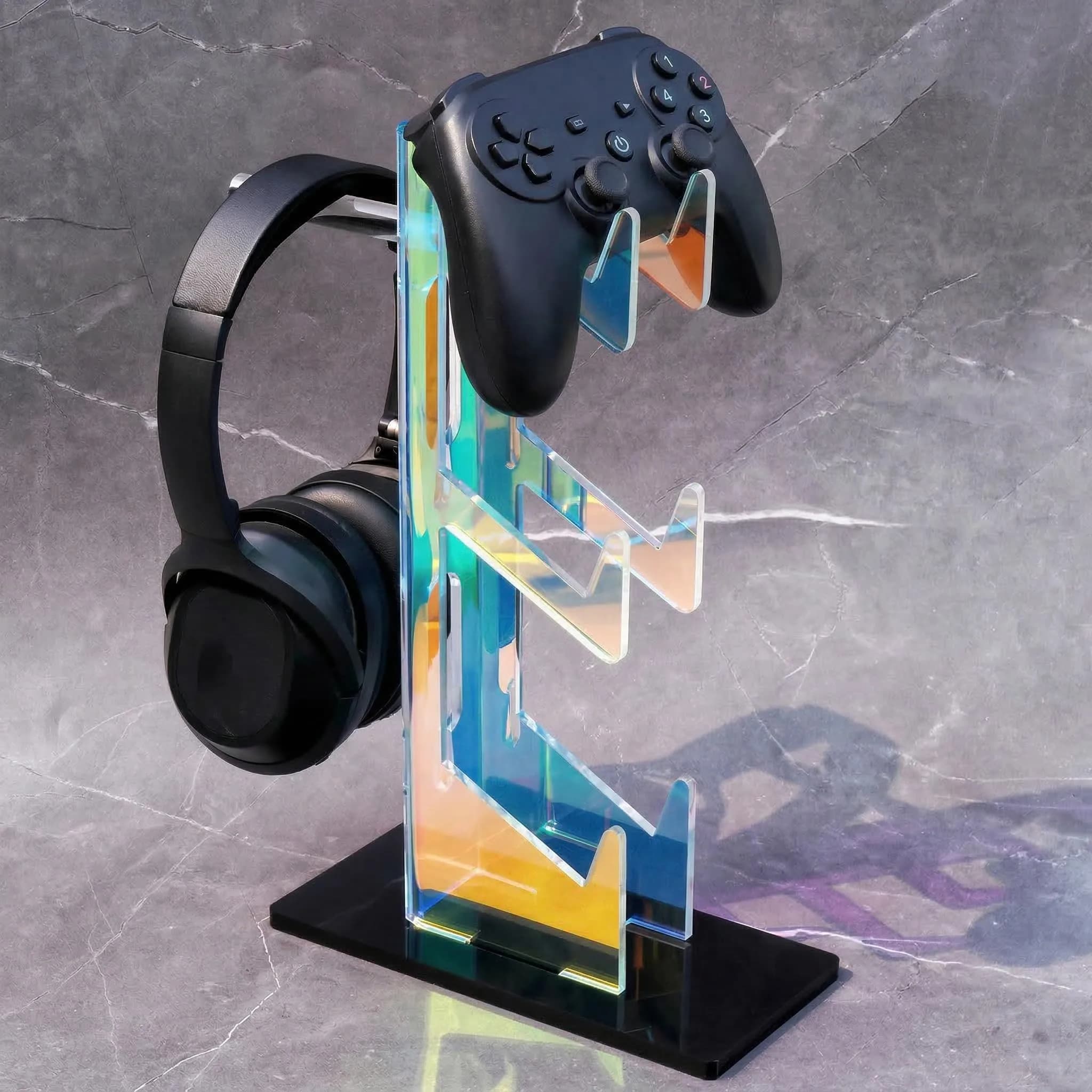NiHome Controller Holder Headphone Stand 3-Tier Iridescent Acrylic Gaming | Multi-Controller & Headset Organizer