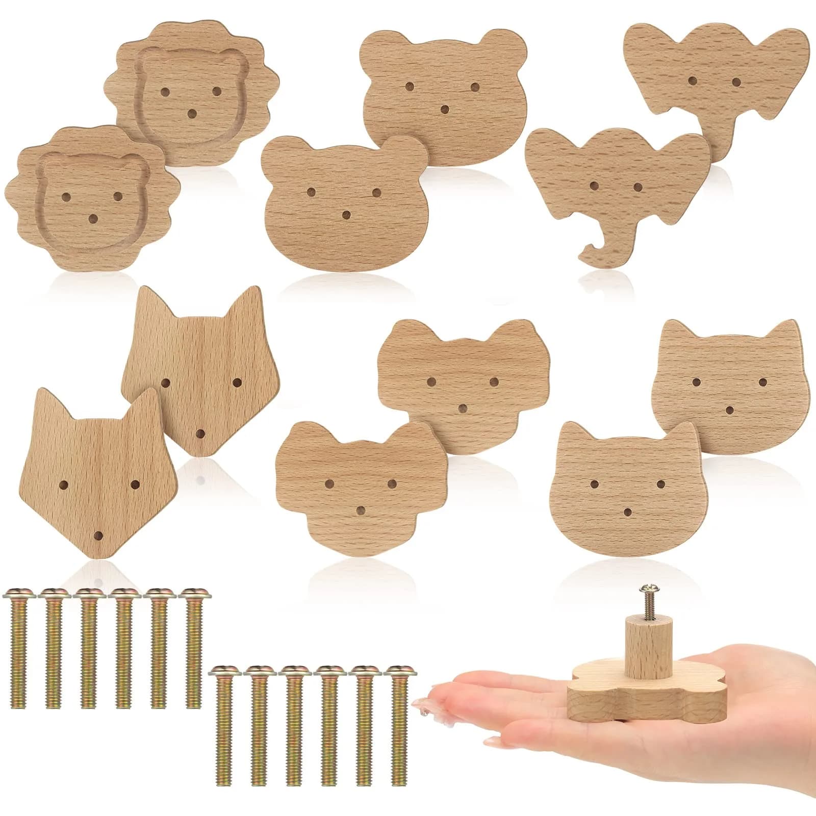 Qunclay Wooden Animal Dresser Knobs 12-Set | Cute Koala, Bear, Lion, Fox, Elephant, Cat Designs - main product image