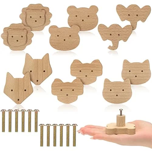 Qunclay Wooden Animal Dresser Knobs 12-Set | Cute Koala, Bear, Lion, Fox, Elephant, Cat Designs thumbnail 1