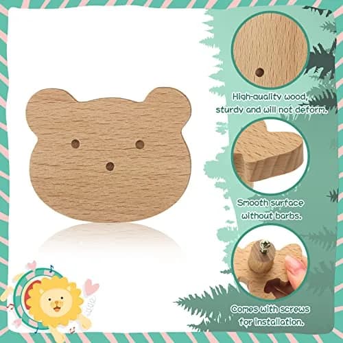 Qunclay Wooden Animal Dresser Knobs 12-Set | Cute Koala, Bear, Lion, Fox, Elephant, Cat Designs thumbnail 3