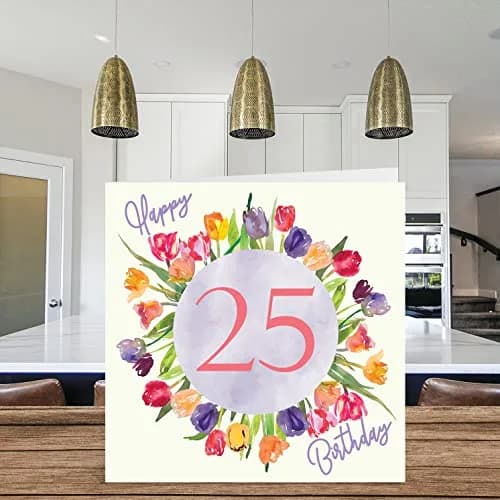 Stuff4 25th Birthday Cards for Women - Watercolour Tulips Bouquet | Happy Birthday for Her, Daughter, Sister, Auntie, 145mm x 145mm thumbnail 3