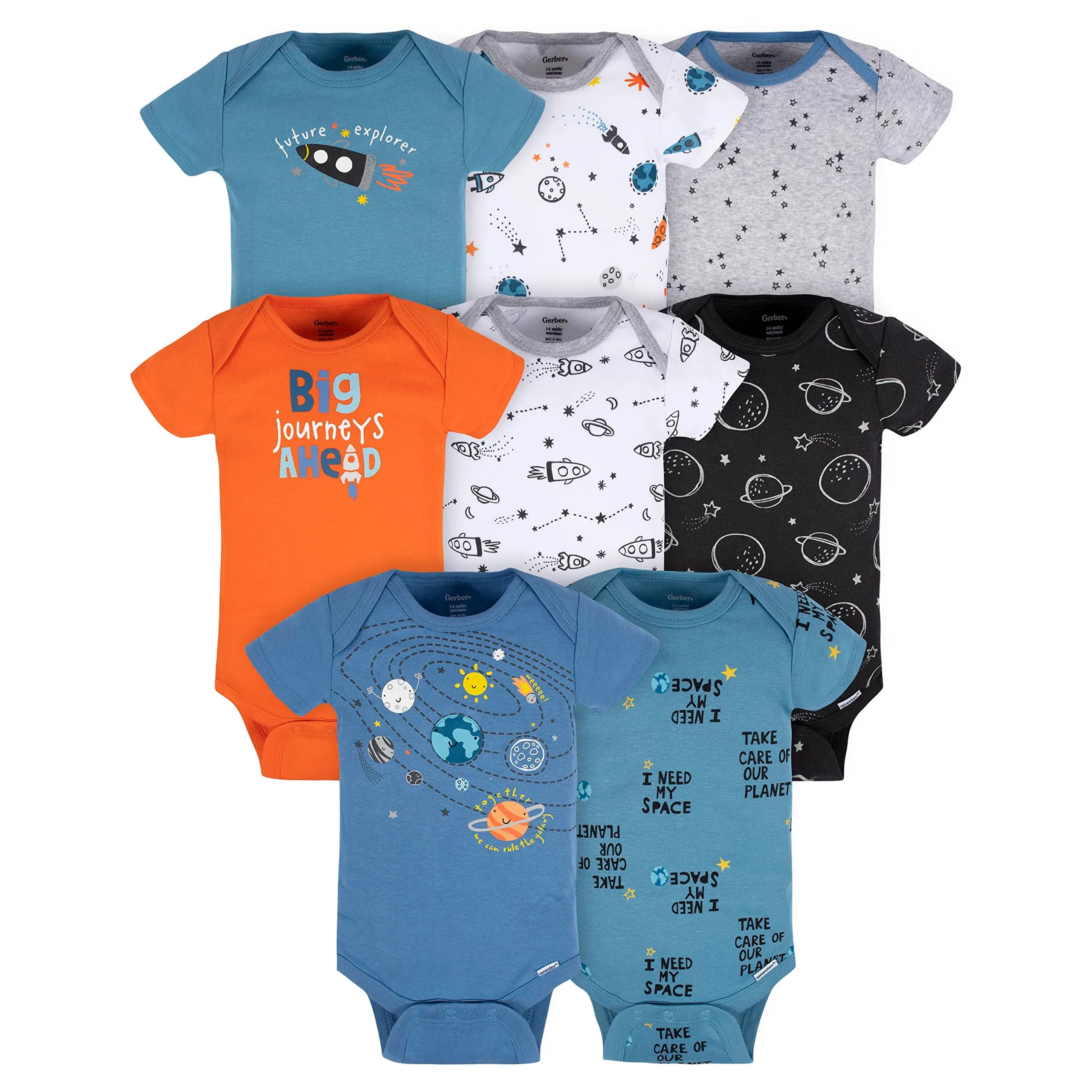 Gerber Baby Boys 8-pack Short Sleeve Onesies Bodysuits, Space, 3-6 Months US - main product image