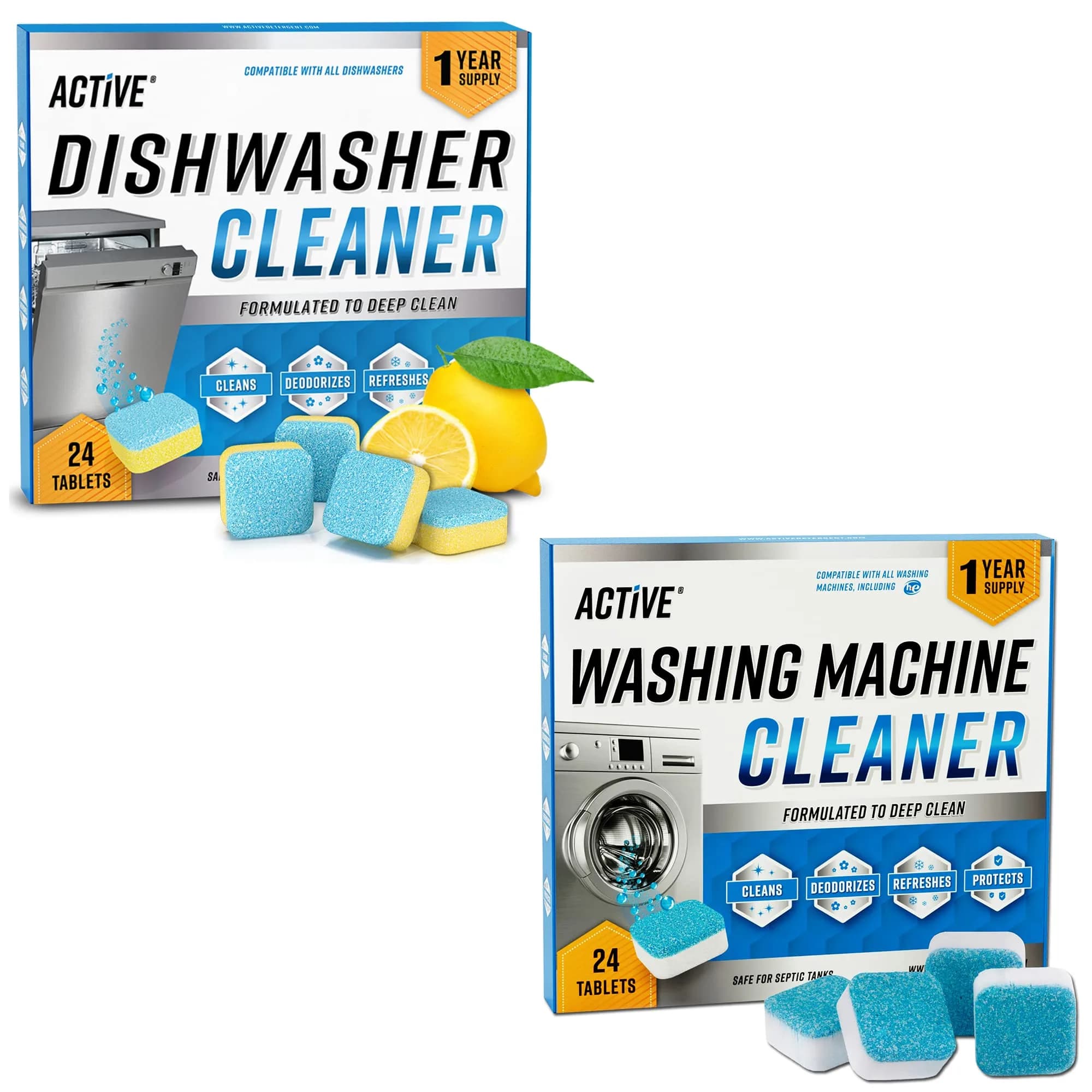 ACTIVE Washing Machine & Dishwasher Cleaning Tablets Bundle 48 Count | Concentrated Formula for Deep Cleaning