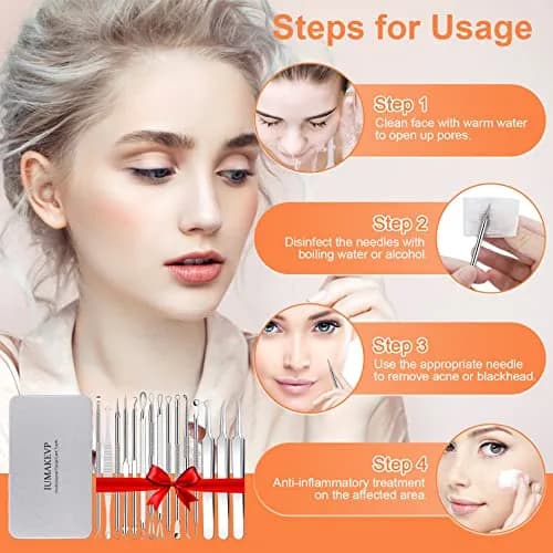 IUMAKEVP Black 15 PCS Skin Blemish Removal Tool Kit | Professional Stainless Steel Acne & Pimple Extractor (Silver) thumbnail 6